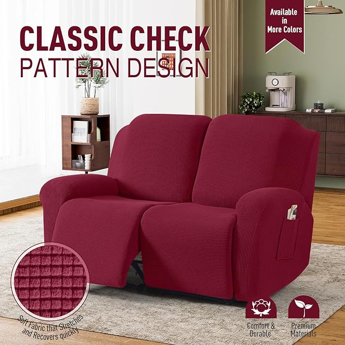 TAOCOCO Recliner Loveseat Slipcover, 6 Pieces Dual Recliner Sofa Covers for 2 Seat Dual Reclining Loveseat Couch, Stretch Soft Jacquard Pattern Furniture Protector with Elasticity (Burgundy)