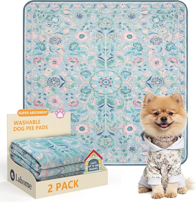 Lahome Washable Reusable Pee Pads for Dogs - Blue Botanical Floral 2 Pack Puppy Pads, Super Absorbent & Waterproof Dog Training Mats for Potty & Crate - Leakproof with Non-Slip Backing (24"x24")