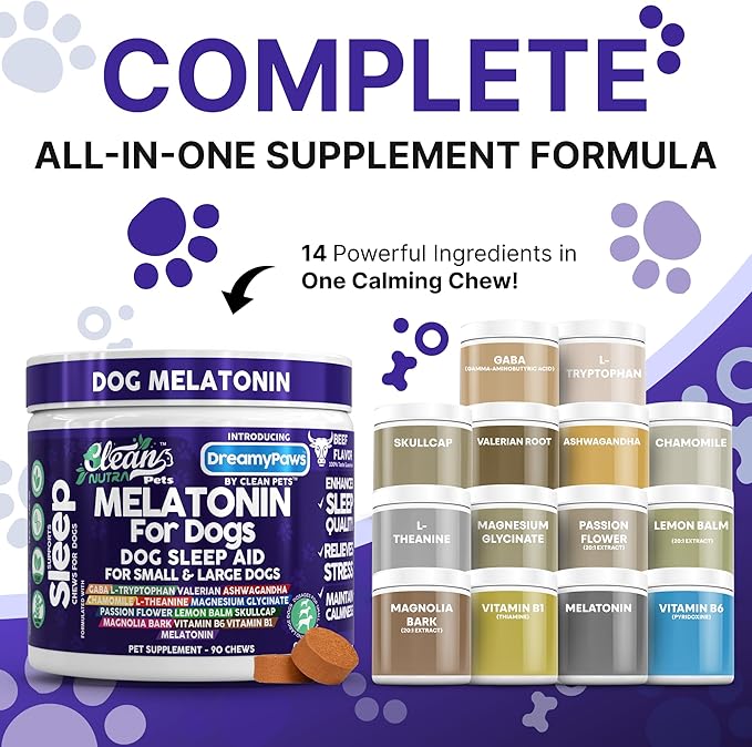 Dreamy Paws Melatonin for Dogs Dog Calming Sleep Supplement - Melatonin GABA Tryptophan Valerian Magnolia Bark Passion Flower Magnesium Ashwagandha Restful Sleep 90 Chews Beef Flavor by Clean Pets