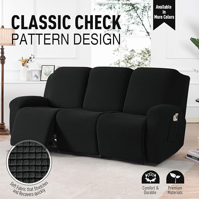 TAOCOCO Recliner Sofa Covers 8-Pieces Stretch Large Couch Covers for 3 Seats Reclining Slipcovers Soft Jacquard Pattern Furniture Protector (Black)