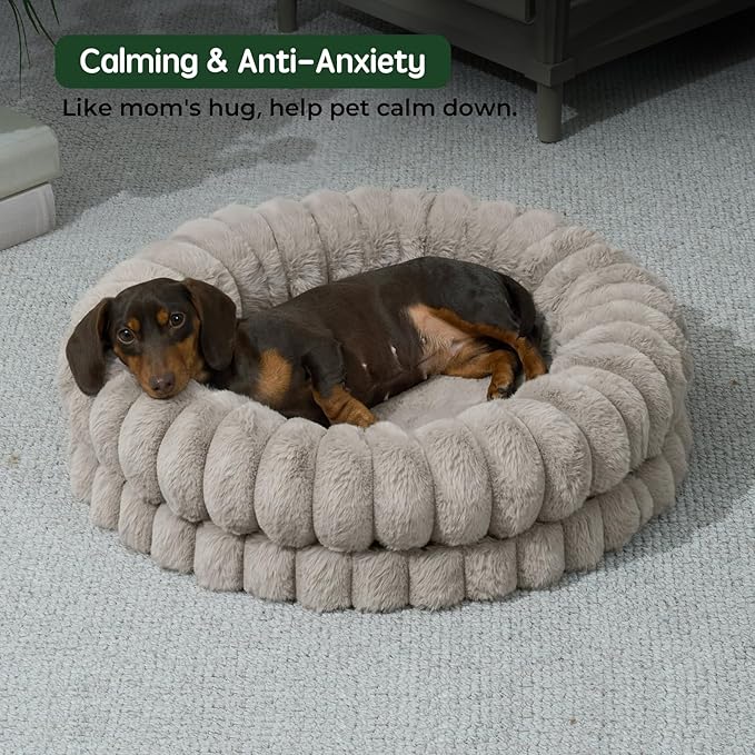 BALANCE Luxury Donut Dog Bed, 23 Inches Round Dog Beds for Small Dogs Washable, Orthopedic Calming Pet Bed for Puppy and Cats with Anti-Slip Bottom, Oatmeal
