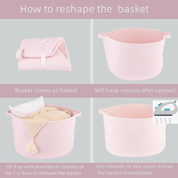 XUANGUO Extra Large Cotton Rope Basket Blankets Basket Living Room 22"x14" Toy Baskets for Kids Dogs Storage Baskets for Nursery Woven Laundry Baskets for Clothes Towels Baby Toy Storage Round pink