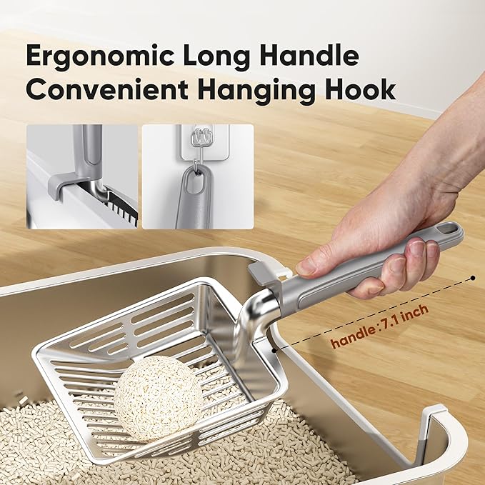 KooMooM Metal Cat Litter Scoop, Large Cat Scooper with Deep Shovel & Dual Sifting Holes for Fast & Precise Sifting, Space Aluminum Kitty Litter Scooper with Long Handle & Easy-to-Hang Hook - Grey