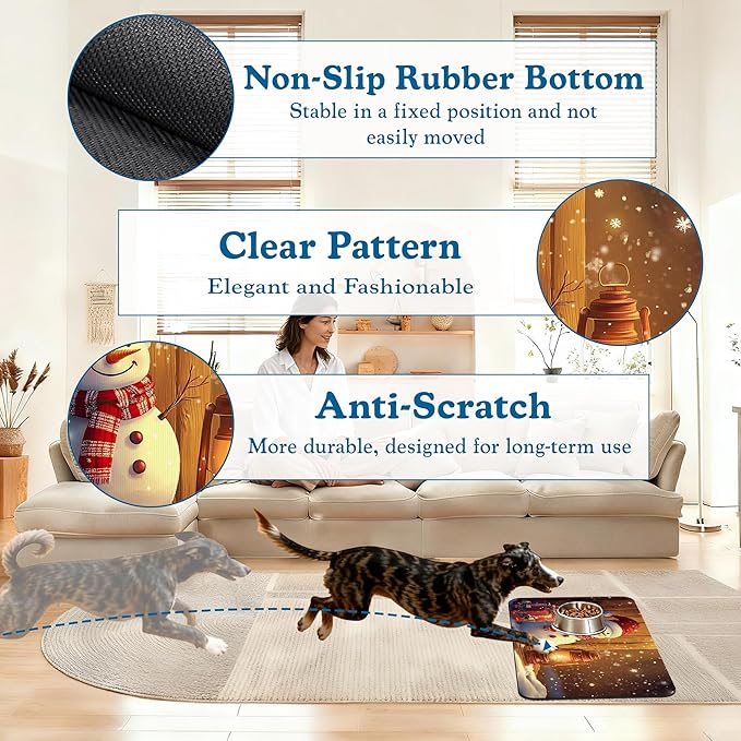 Chirstmas Gifts Dog Cat Food Mat,Cute Snowman Absorbent Waterproof Placemat for Food and Water Bowls, Non Slip Rubber Backing, Feeding Mat for Clean Floors 12"x20"