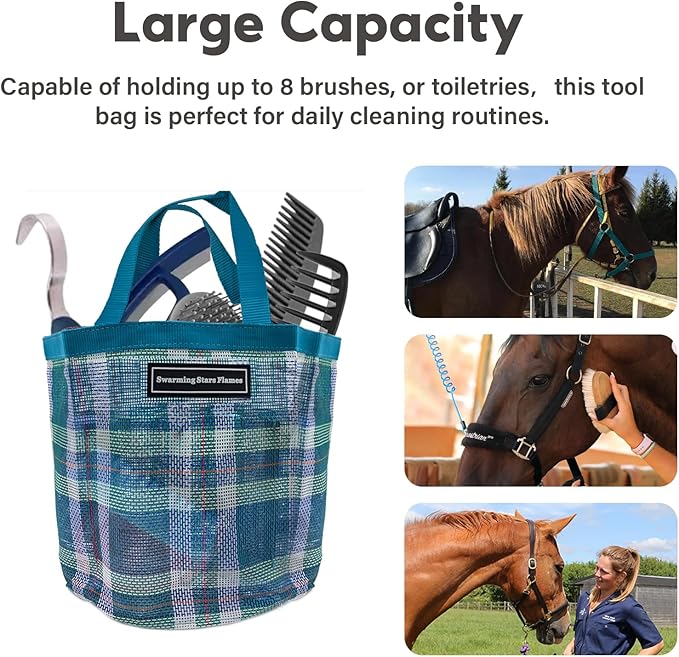 Swarming Stars Flames Durable Horse Tool Bag with 8 Pockets - Breathable & Waterproof Mesh Grooming Tote for Equestrian Tool Storage (Turquoise)