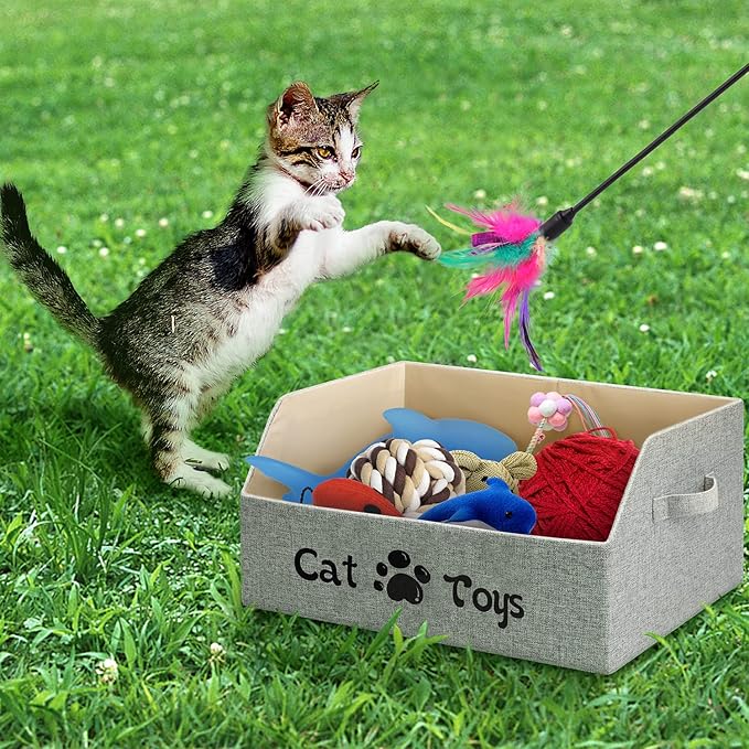 LOVSTORAGE 2X Thicker Large Cat Toy Bin Collapsible Cat Toy Box Sturdy Cat Toy Basket Kitten Toy Storage Bed for Organizing Cat Toys Treats Clothes and Accessories (Grey)