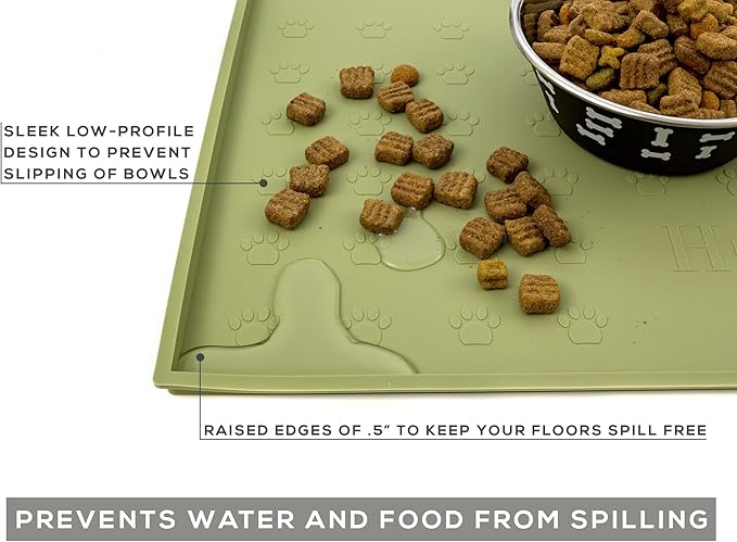 Humble Pet Food Mat Feeding Tray - Non-Slip, Anti-Spill, Raised Dog Food Mat, Easy Clean Waterproof - Premium Quality Silicone - Perfect for Dog Bowl Mat and Cat Feeding Mat Tray, 24" x 16" (Olive)