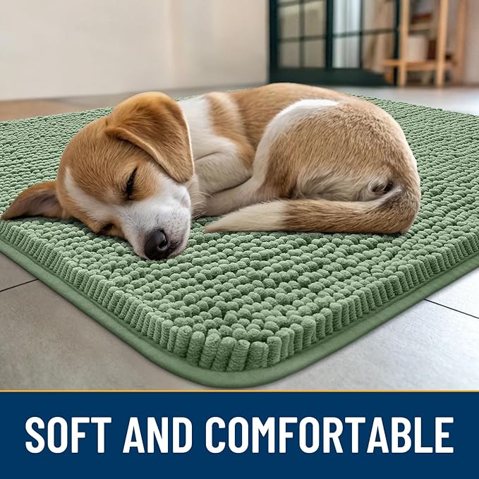 Smiry Dog Door Mat for Muddy Paws 59x24, Absorbs Moisture and Dirt Doormat, Non-Slip Washable Quick Dry Chenille Front Door Mat Indoor Entrance, Entryway Carpet for Inside Floor, Olive Green