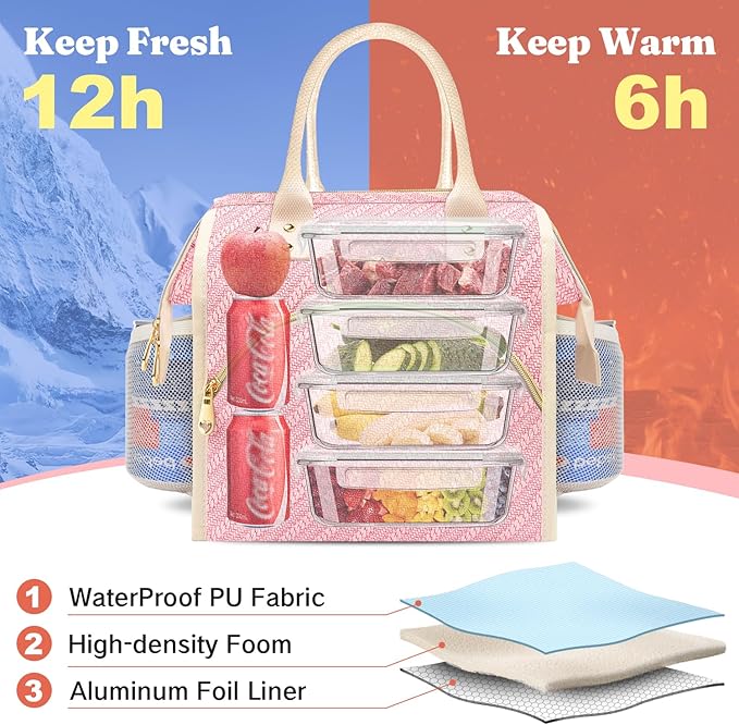Lunch Bag Women Insulated Lunch Box Wide-Open Lunch Tote Bag Large Drinks Holder Durable Nylon Thermal Snacks Organizer for Men Adults Work Picnic Hiking Beach Fishing, Pink Braid