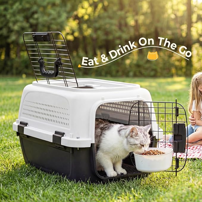 NEWBULIG 23" Hard-Sided Dog Carrier, Plastic Cat & Dog Crate, 4-Sided Ventilation Travel Pet Kennel, Top & Front Door Access, Integrated Food Bowl, for Small Pets up to 22 lbs, White & Black