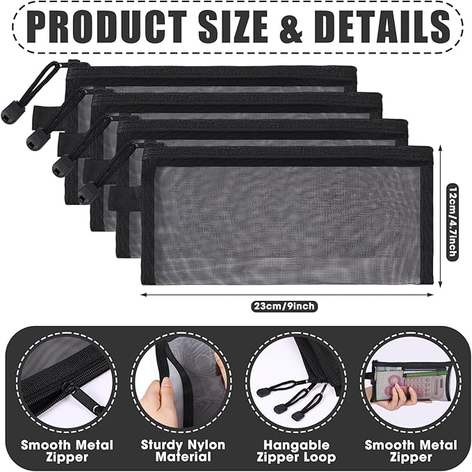 Leelosp 80 Pcs Mesh Zipper Pouch Bulk Back to School Pencil Storage Pouch Mesh Cosmetics Bags Toiletry Makeup Bags for Office Travel Organization(Black,9 x 4.7 Inch)