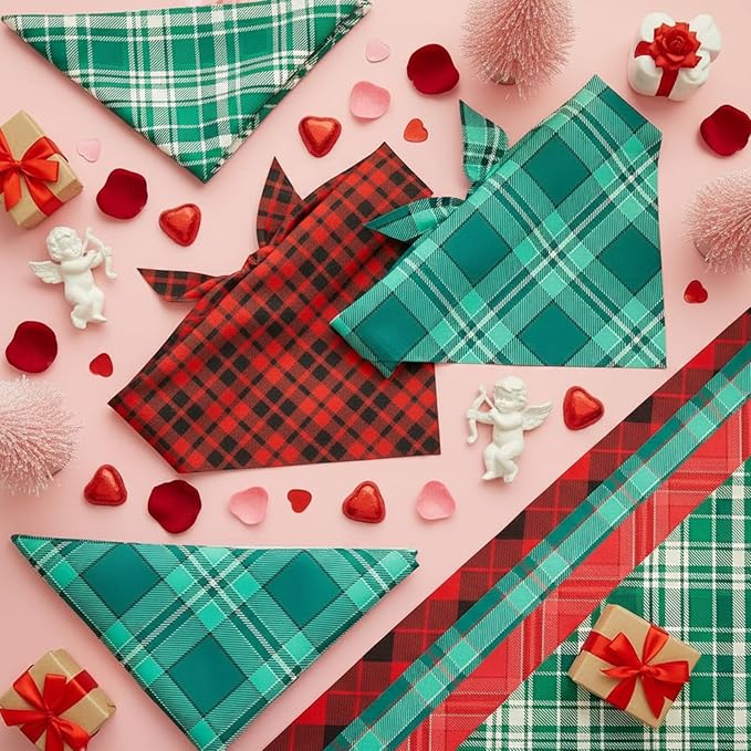 Abbylike 100 Pcs Valentine's & St. Patrick's Day Dog Bandanas Bulk Red & Green Plaid Bandanas for Dogs Triangle Kerchief Bib Scarf for Pet Holiday Costume Photo Props Accessories (31.5 x 21.7 x 21.7)