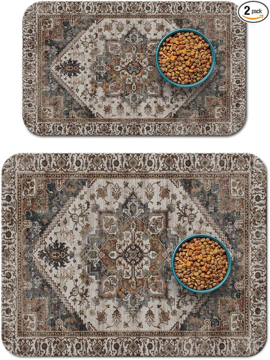 2 Pack Dog Food Mats for Floors, Absorbent and Quick-Drying Pet Cat Food Mat,Anti-Fouling and Easy-to-Clean Pet Feeding Mat,Dog Bowl Mat for Messy Drinking Water Bowls.12 x20+18"x24", Bohemia Style