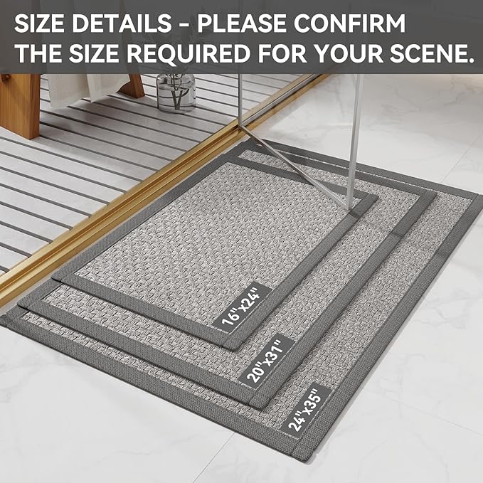 Non Slip Bath Mat Bathroom Rugs, Soft Jute-Like Ultra Thin Bath Mats, Rubber Backing Super Absorbent Quick Dry Bath Rug Shower Mat Fit Under Door Bathroom Floor, Machine Washable, Gray 16" x 24"