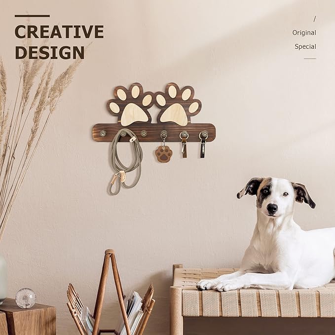 MTERSN Farmhouse Key Holder for Wall - Decorative Dog Leash Hanger Wall Mounted and Coat Rack with 6 Unique 3D Dogs Claw Hooks - Dog Accessories Organizer for Rustic Home Decor（Brown）