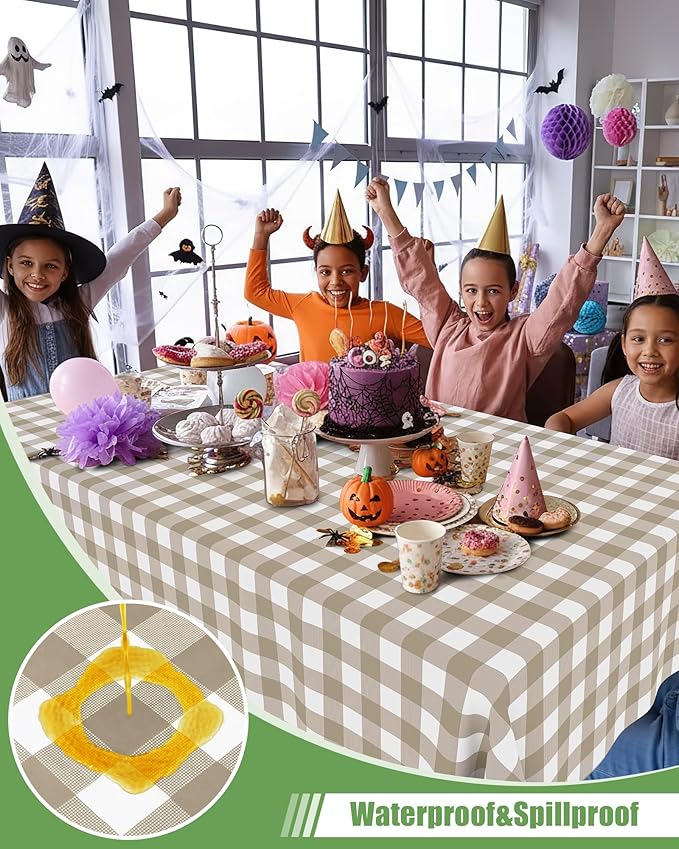 Smiry 12 Packs Gingham Disposable Table Cloth, 54 x 108 Inch Waterproof Plastic Tablecloth, Rectangle Khaki and White Checkered Table Covers for Outdoor, Birthday, Party