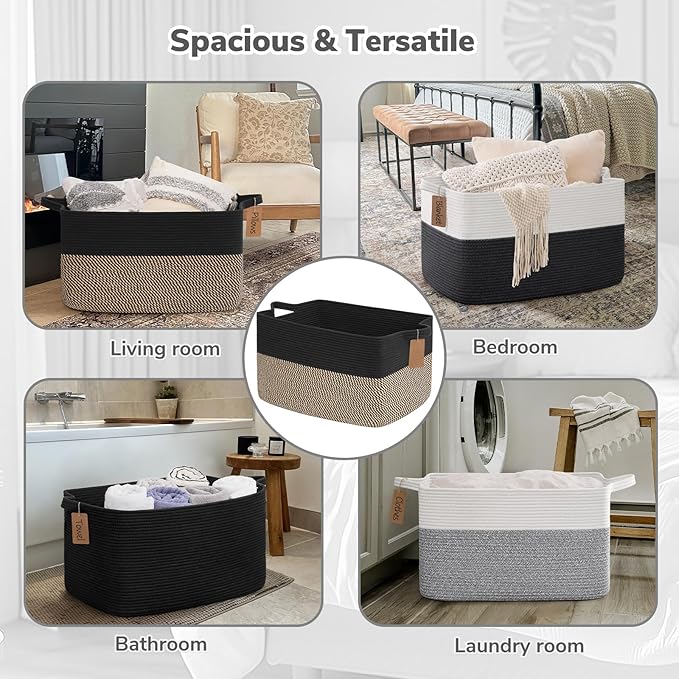 Goodpick Woven Storage Baskets for Organizing 22”x17”x12” Large Blanket Basket for Living Room Bedroom, Rectangle Wicker Storage Basket with Handles, Toy Baskets for Baby Boys, Black & Jute