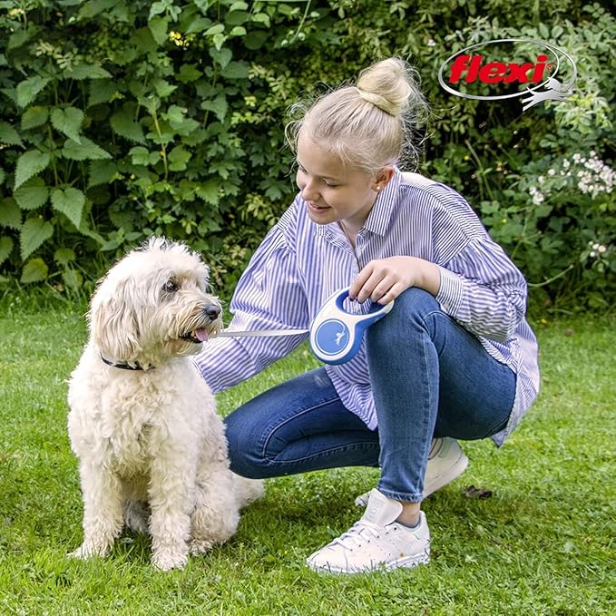 FLEXI New Comfort Tape Retractable Dog Leashes for Small Dogs Upto 33 lbs. – 16 ft., Blue | Tangle Free Pet Walking Leash with One-Handed Brake, Pause, Lock|German Quality Product