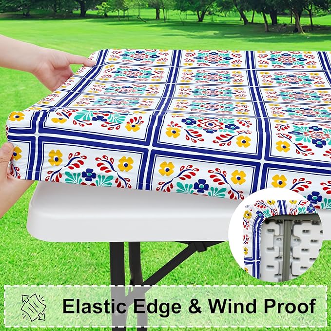 misaya Rectangle Vinyl Tablecloth, Fitted Table Cover, 100% Waterproof, Elastic Edge, Flannel Backing, Table Cloth Fit 6 Foot Folding Tables for Picnic, Outdoor (Geometric Flower, 30x72 inch)