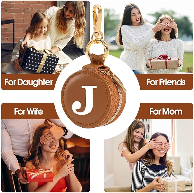 Mini Initial Travel Jewelry Case Ring Holder, Brown Faux Leather Small Jewelry Organizer Box Gifts for Women Girls Nurse Teacher, Gym Travel Accessories Keychain Pouch for Earrings Rings Necklace J