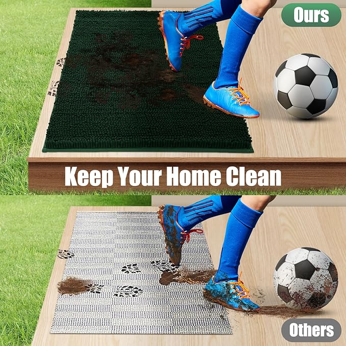 IM HOME Chenille Absorbent Outdoor Doormat 30" x 20", Washable Muddy Door Mats for Dog Non Slip Indoor Doormat Dog Mat for Muddy Paw Front Inside Doormats for Entryway Dark Green