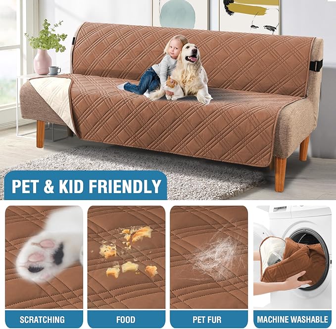 H.VERSAILTEX 100% Waterproof Futon Cover Reversible Futon Slipcover Armless Sofa Slipcover Furniture Protector Seat Width Up to 70" Washable with Adjustable Elastic Strap Anti-Slip, Terracotta/Beige