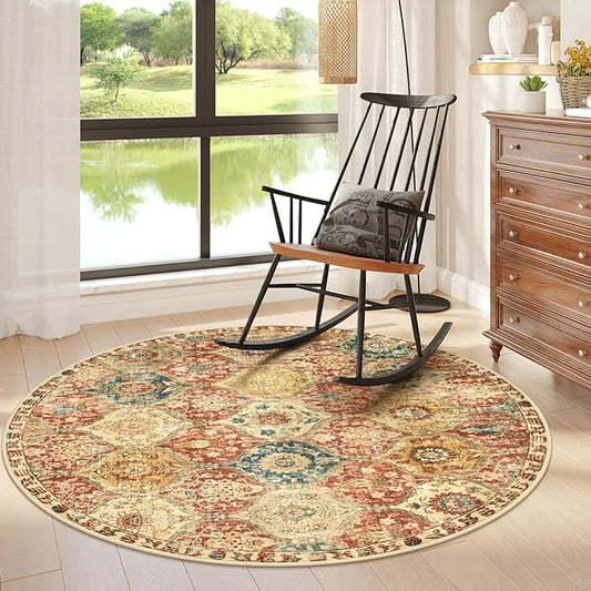 Lahome Moroccan Trellis Round Area Rugs, Washable Small Round Rug 3ft Non-Slip, Soft Vintage Ultra-Thin Circle Carpet for Bedroom Entryway Kitchen Laundry Bathroom Elise, Red/Orange