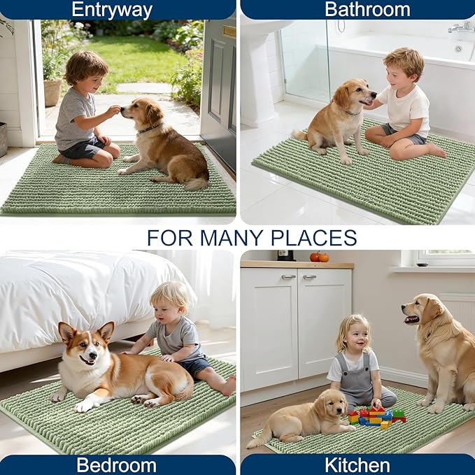 OLANLY Dog Door Mat for Muddy Paws 47x20, Ultra Absorbent Chenille Mud Doormat, Non-Slip Washable and Dirt Trapping Doormat for Indoor Entryway, Quick-Dry Indoor Pet Bed Mats for Dogs, Sage Green