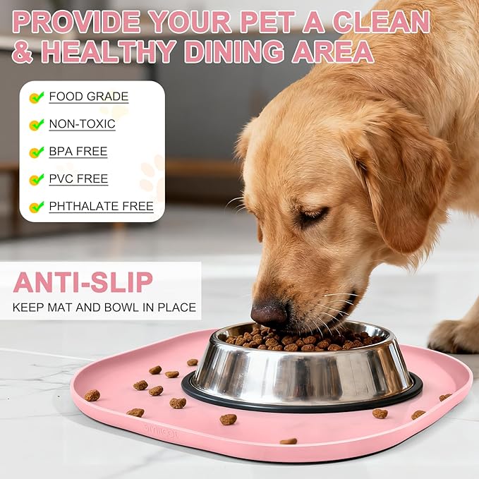 SMILOOL Silicone Pet Feeding Mat with Raised Edge for Food and Water, Dog Bowl Mats, Cat Bowls Placemat with High Lip for Floor Waterproof, Rubber Tray for Cats and Dogs 12 x 12 x 0.7 Sakura Pink