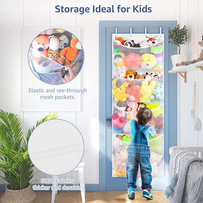 Hanging Stuffed Animal Storage, Over Door Large Plush Toy Organizer with Metal Hook, Baby Accessory Holder Idea for Nursery, Doll & Bear Mesh Hammock Bag for Girl Boy Kid Room