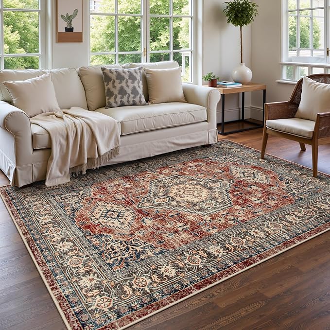 Lahome Oriental Washable Rugs for Living Room, 5x7 Area Rugs for Bedroom Ultra-Thin Non-Slip, Stain Resistant Vintage Low-Pile Throw Carpet for ‎Dining Room Office Eleanor, Brick Red