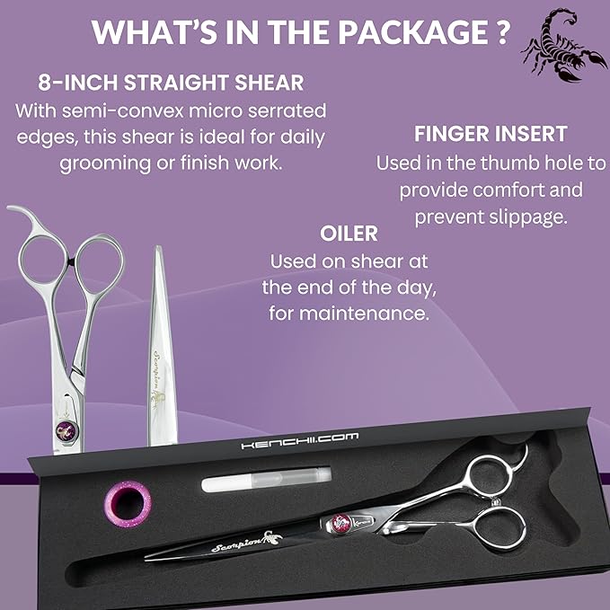 Kenchii Scorpion 8 Inch, Straight Grooming Scissors for Dogs and Pets - Premium Steel Scissors for Dog Grooming - Dog Shears Pet Grooming Accessories - Pet Hair Trimming Scissor