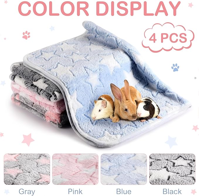 Reginary 4 Pcs Waterproof Guinea Pig Blankets Washable Small Animal Fleece Bedding Guinea Pig Cage Liners Reusable Training Pads Pet Pee Pad Sleep Mat for Hamster(Cute Star Pattern,24 x 16 Inch)