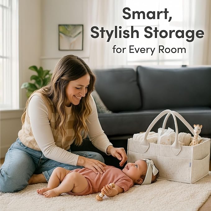 PUTSKA Baby Diaper Caddy Organizer - Nursery Storage Basket for Diaper Station, Baby Basket Shower List and Registry Gift Must-Haves, Newborn Essentials, Nursery Decor for Boy or Girl - White, XL