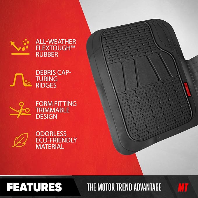 Motor Trend WingRunner Rubber Rear Floor Mats Liners for 2nd or 3rd Row, Back Row 1-Piece Heavy Duty All Weather Protection Universal Fit Designed to Fit Trucks Cars Sedans SUVs Easy to Clean - Black