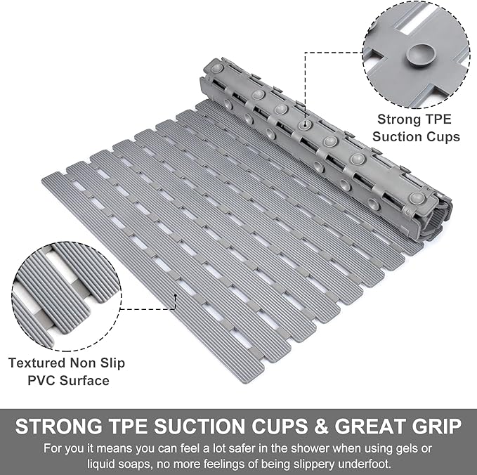Yolife Quick Drain Shower Mat, 24.8 x 15.8 inch Power Grip Shower Mat Non Slip, Raised Non Slip Shower Mats for Inside Shower, Heavy Duty Curlable Stand up Shower Floor Mat,Grey