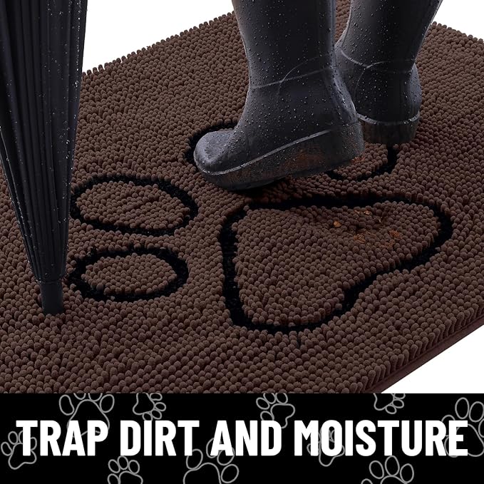Smiry Dog Door Mat for Muddy Paws, Absorbent Dirt Trapper Non Slip Quick Dry Washable Chenille Mat for Mud Dogs, Entry Rug for Indoor and Outdoor (47x32 Inches, Brown and Black)