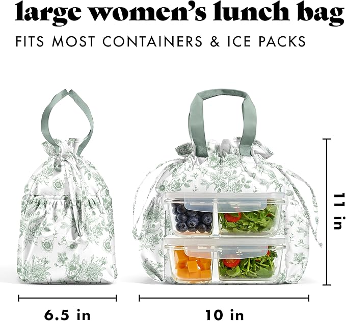 Fit & Fresh Cromwell Drawstring Lunch Bag for Women, Complete Lunch Set with 2 Containers, Stain-Resistant, Leak-Resistant, Back to School Essential, Teacher Lunchbox, Sage Floral Toile