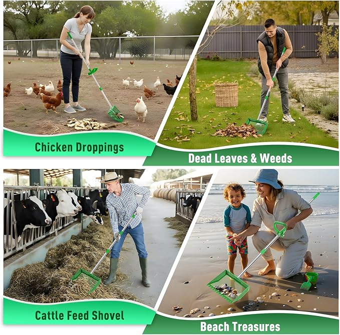TOOGE Large Chicken Poop Scooper: 2-in-1 Metal Pooper Scooper & Rake Adjustable 62" Long Handle Stainless Steel Sand Sifting Litter Shovel Chicken Coop Scoop Cleaning Tool for Goat Yard Bright Green