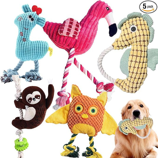 MRSOHRET 5 Pack Plush Dog Toys with Rope, Squeaky Dog Toys, Tug of War Dog Interactive Toy, Durable Dog Chew Toys for Large Dogs & Puppies