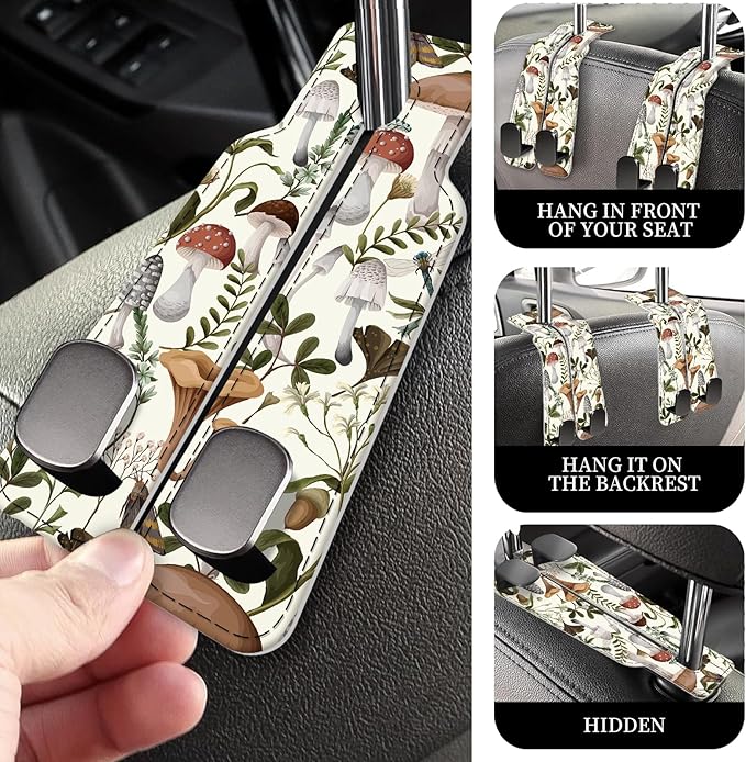 PU Leather Car Seat Hook, Storage Headrest Hanger, Cute Car Backseat Organizer, Car Hooks for Purses and Bags Mushroom Forest Pattern