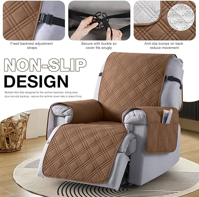 TAOCOCO 100% Waterproof Recliner Chair Covers, Non Slip Recliner Covers for Recliner Chair with Pocket, Washable Reclining Chair Cover Furniture Protector for Kids,Dogs(22'', Brown)