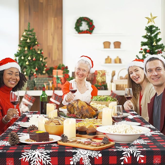 misaya Rectangle Waterproof Vinyl Table Cloth, Wipeable Tablecloth with Flannel Backing, Plastic Table Cover for Dinner, Christmas Party (Red & Black, 60" x 84")