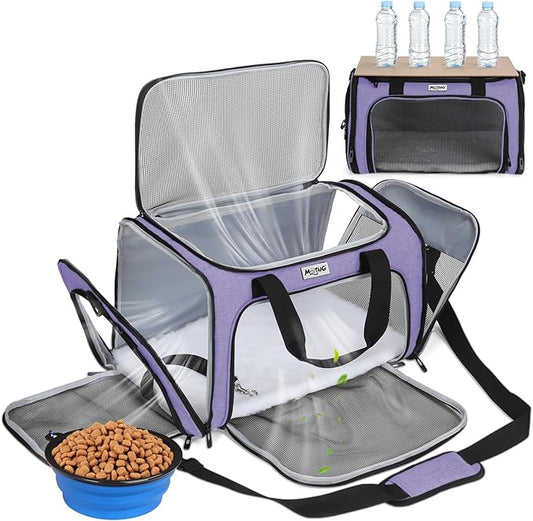 Pet Carrier for Cats & Small Dogs, Travel Carrier with Anti-Collapse Support, Chew Resistant Buckles, Luggage Sleeve, Multi-Pocket Storage, Reversible Mat & Bowl (Purple, Medium (17.5"x11"x11.5"))
