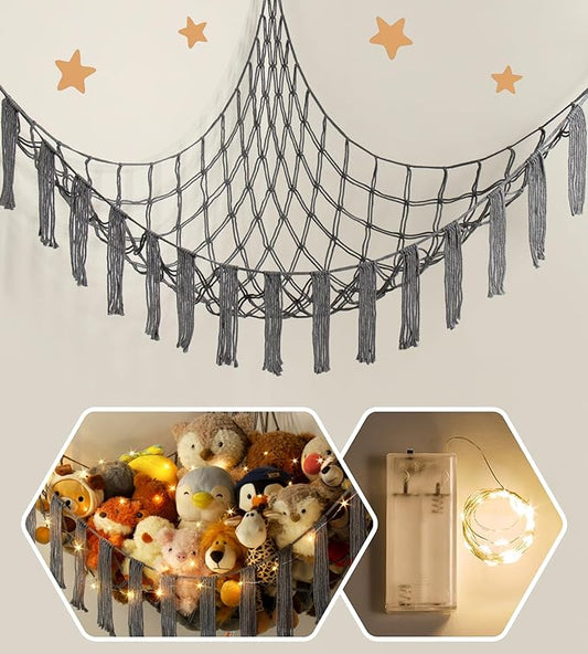 RelaxScene Stuffed Animal Hammock Corner Storage with LED Light - Pluish Hammock Large Plushie Net - Stuffed Animal Holder Hanging Organizer - Teddy Bear Hammocks Room Decorations