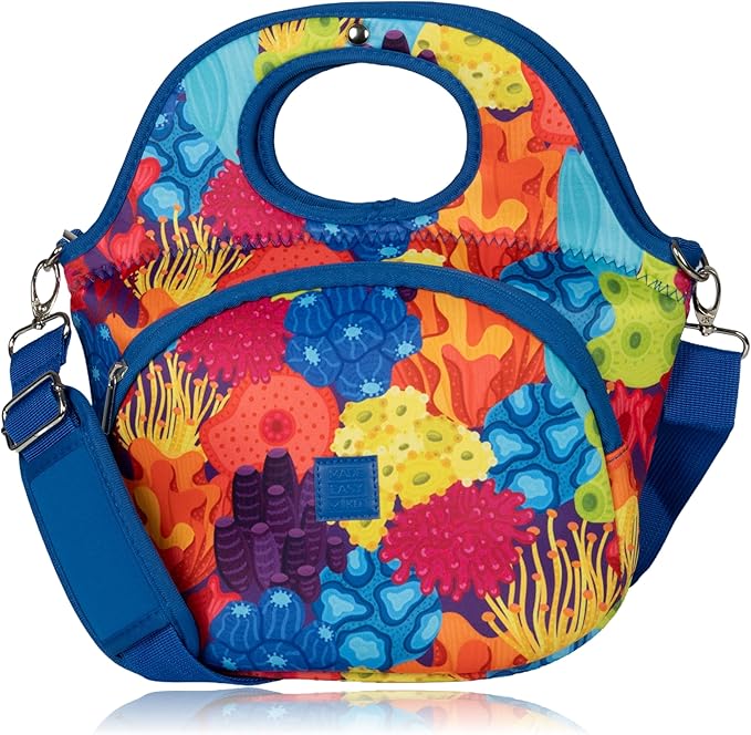 Made Easy Kit Large Insulated Lunch Tote Bag – Stylish Neoprene Carrier Foil Lining, Front Zipper Pocket & Shoulder Strap – Machine Washable, Lightweight, Travel Ready (Coral Reef Sea)