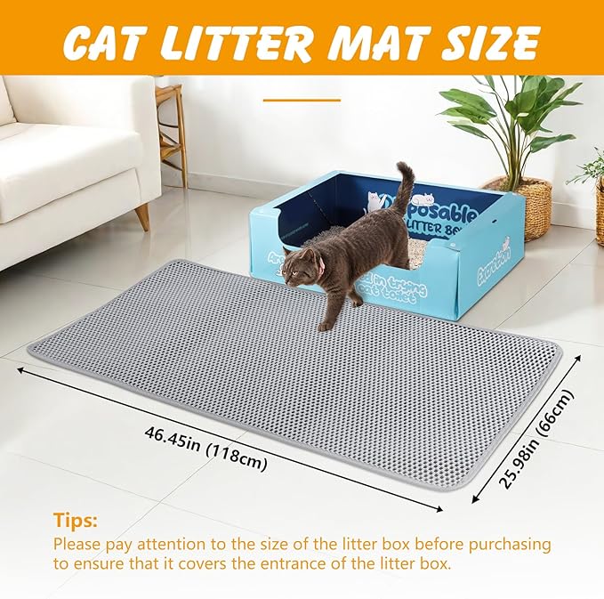ondware Large Cat Litter Mat, 46x26 Inch Double Layer Litters Box Mat, Waterproof Cat Mat for Litter Box(Gray)