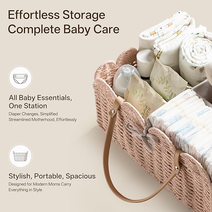 HBlife Baby Diaper Caddy, Paper Rope Storage Baskets Nursery Bin with Removable Divider, Portable Car Organizer for Diapers, Baby Shower Gifts, Newborn Essentials Must Haves