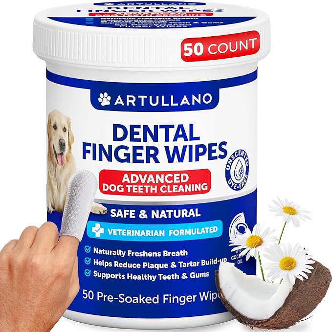 Dog Teeth Cleaning Wipes - 50 Dog Dental Care Finger Wipes - Finger Toothbrush for Removing Plaque, Tartar Buildup, Bad Breath - Oral Freshness, Healthy Teeth & Gum Support with Coconut Oil, Unscented