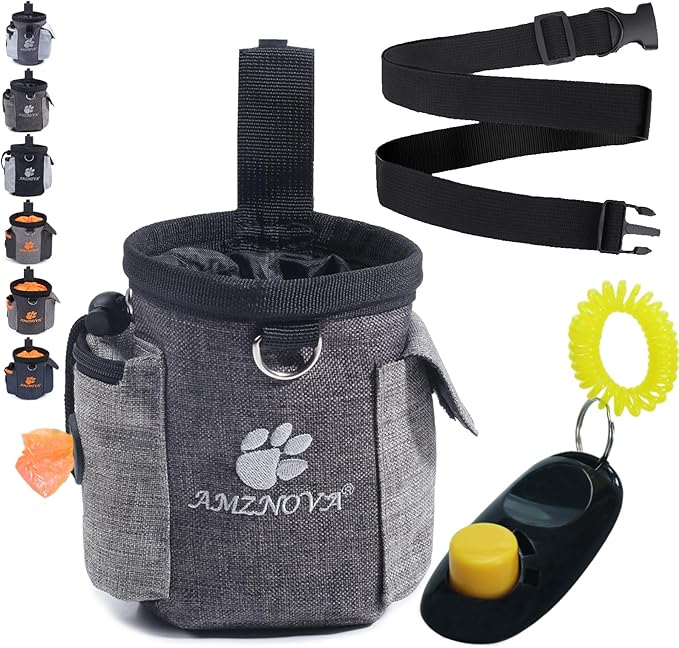 AMZNOVA Dog Treat Bag Treatnow Dog Treat Pouch, Training Pouch with Waist Belt & Clicker for Training & Walking, Waist Clip On Snack Fanny Pack for Pet, 3Cups, Heather Coffee